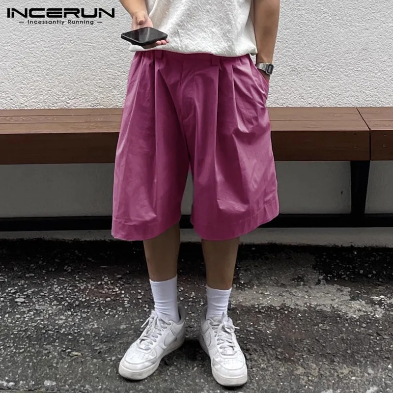 INCERUN Men Shorts Solid Color Button Pockets Loose Casual Men Bottoms Streetwear Summer 2024 Pleated Fashion Male Shorts S-5XL