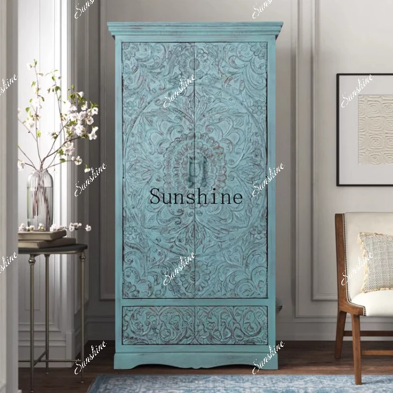 American retro old solid wood carving flower wardrobe bedroom small apartment storage  FT