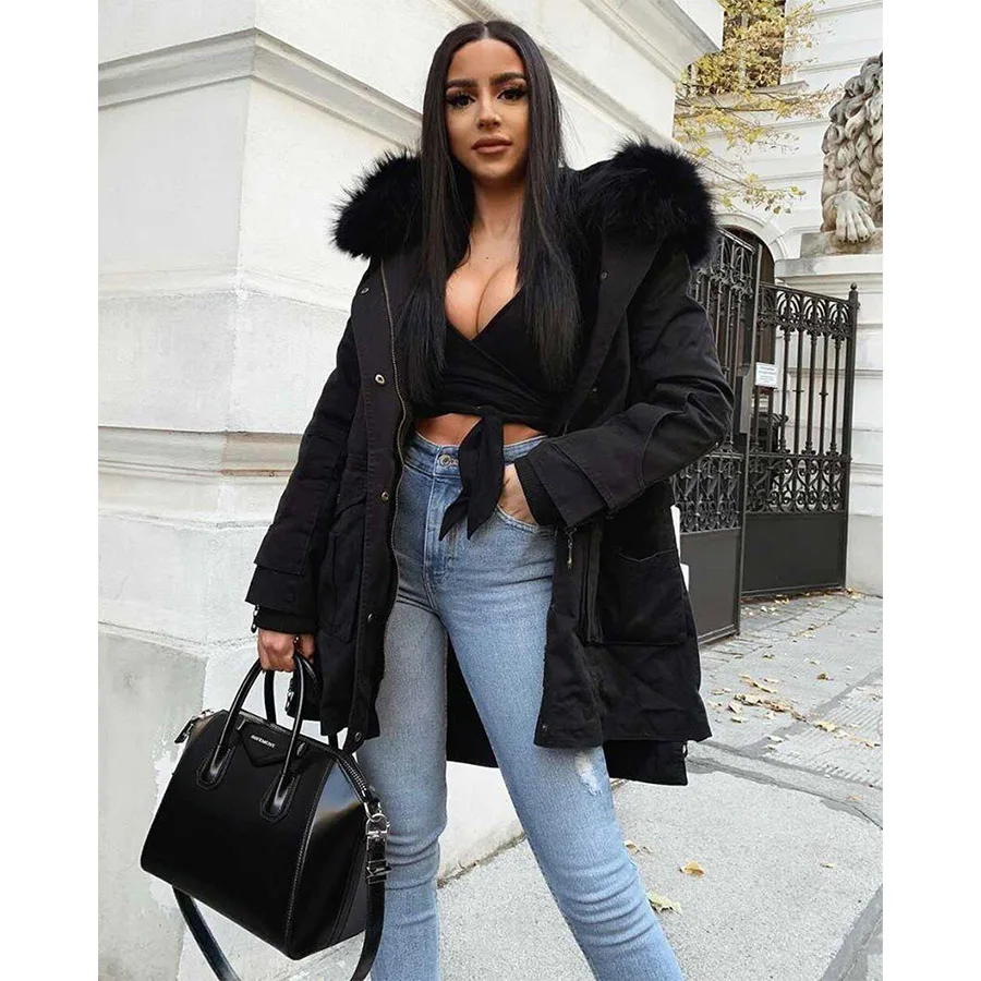 MAOMAOKONG New Big Natural Real Raccoon Fur Collar Coat Luxury Winter Women Long Female Jacket Removable Thick Lining Parkas