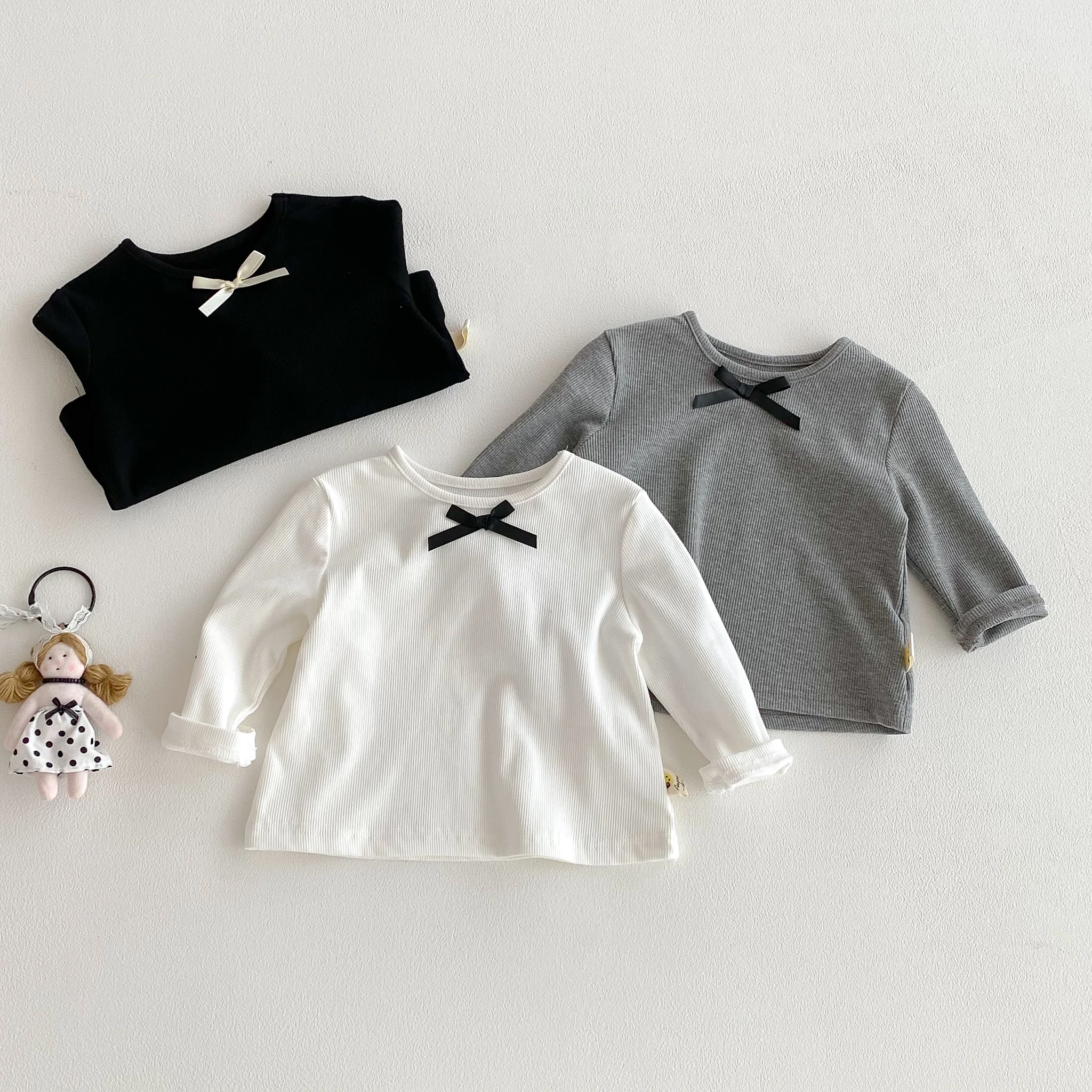 Herbstliches Mädchen-T-Shirt im koreanischen Stil mit Schleife und langen Ärmeln für kleine Mädchen, Baby-Mädchen-Rundhals-Unterhemd – Detail 3