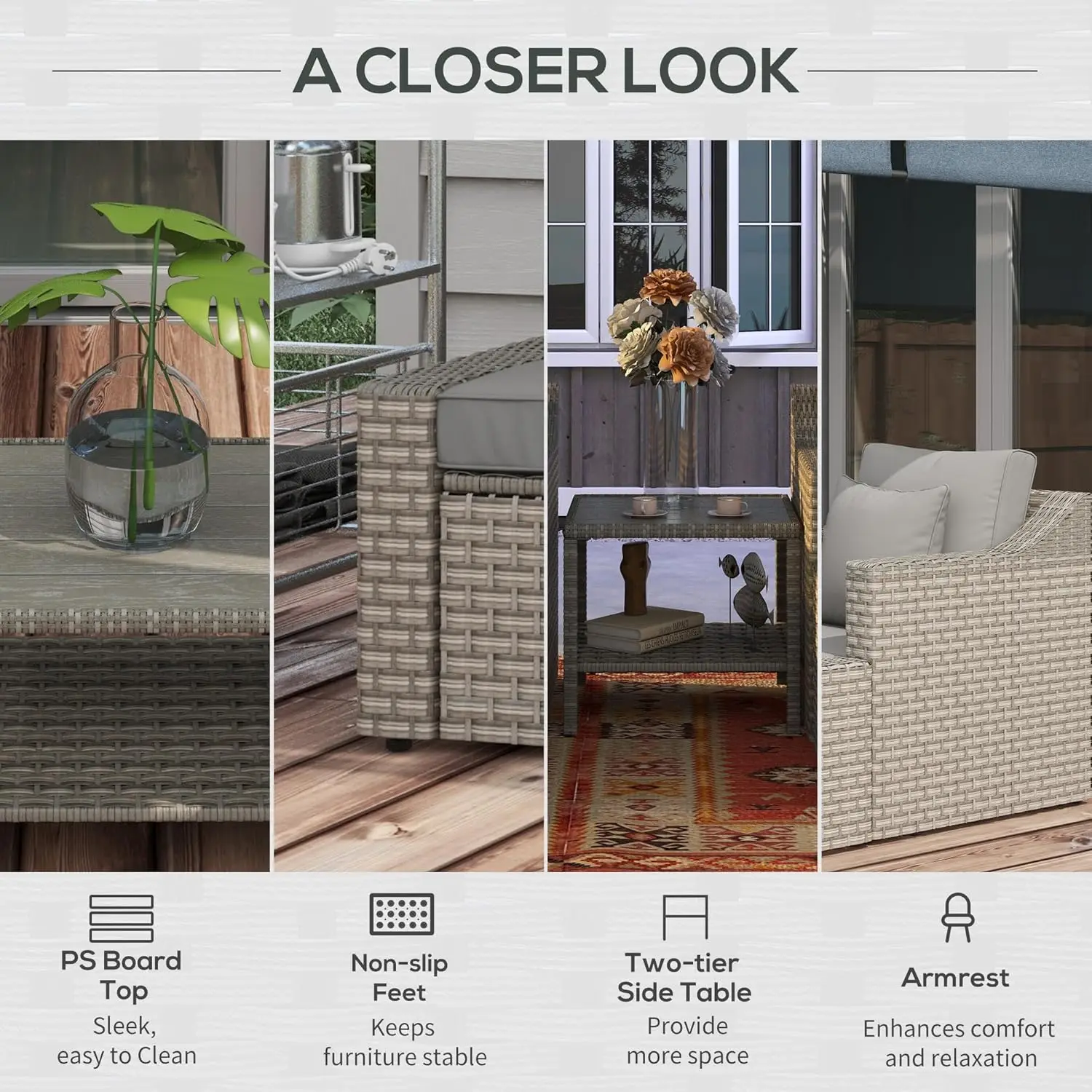 Patio Furniture Set, All Weather PE Rattan Conversation Chair, and Ottoman Set with Coffee Table, Cushions & Pillows Included