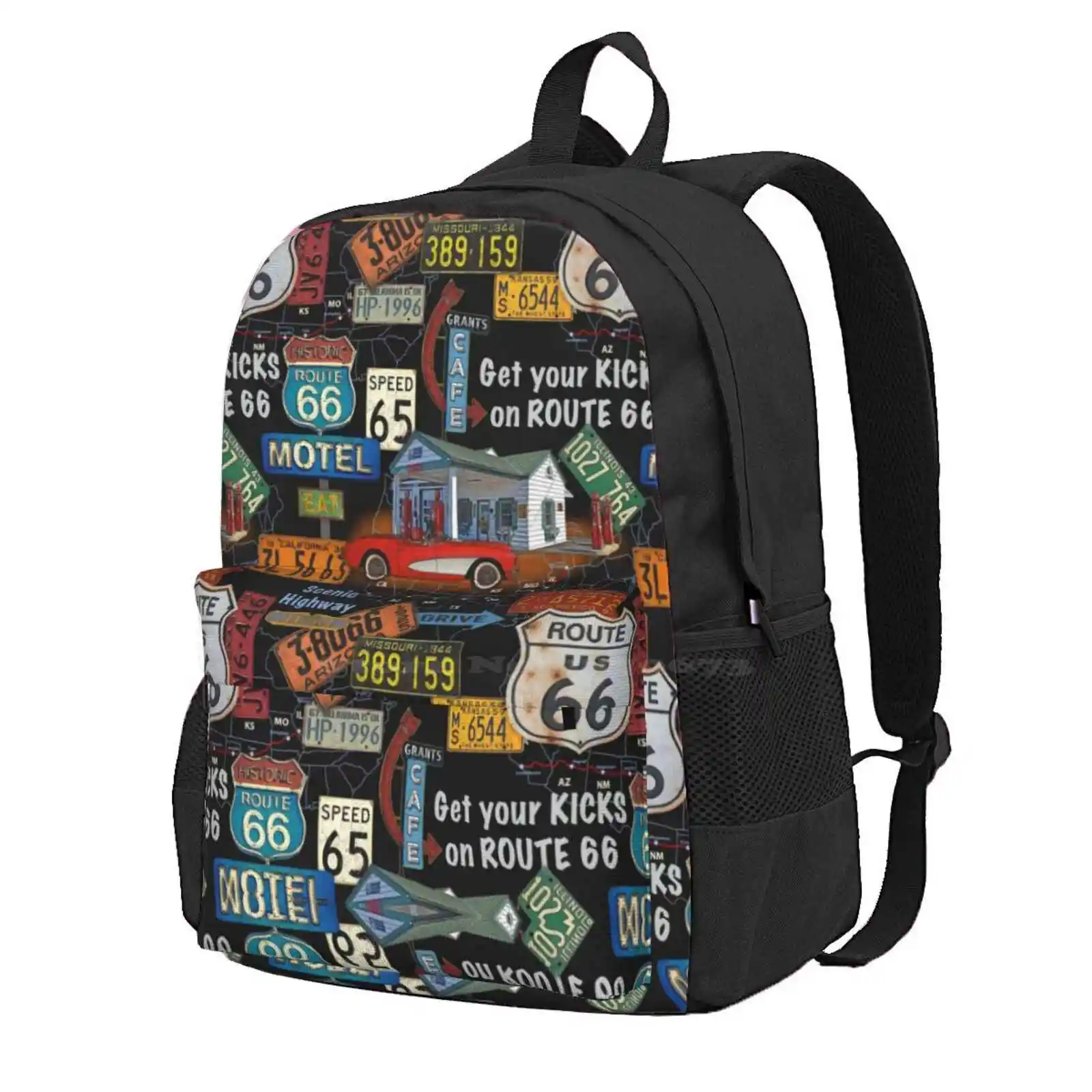 Route 66-Jp3934 Hot Sale Schoolbag Backpack Fashion Bags Route 66 Jean Plout Car Automobile Road Sign Gas Station Motel