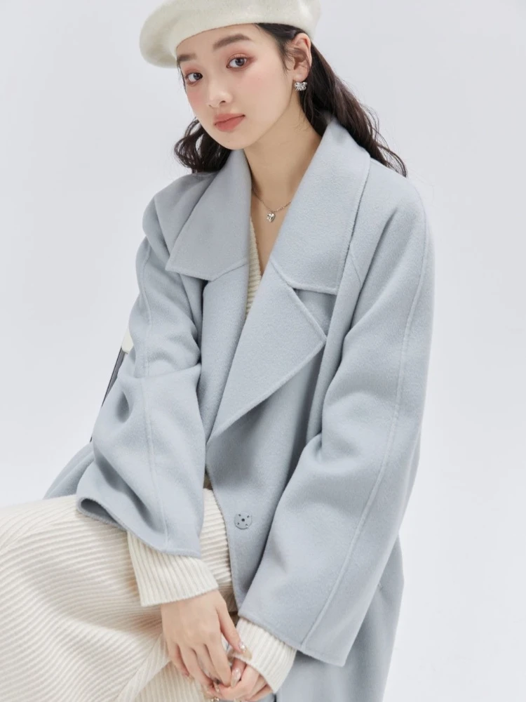 

2025 New Arrival Korean Style Blue Wool Coat for Women Petite Friendly Mid Length Woolen Trench Autumn Winter Fashion