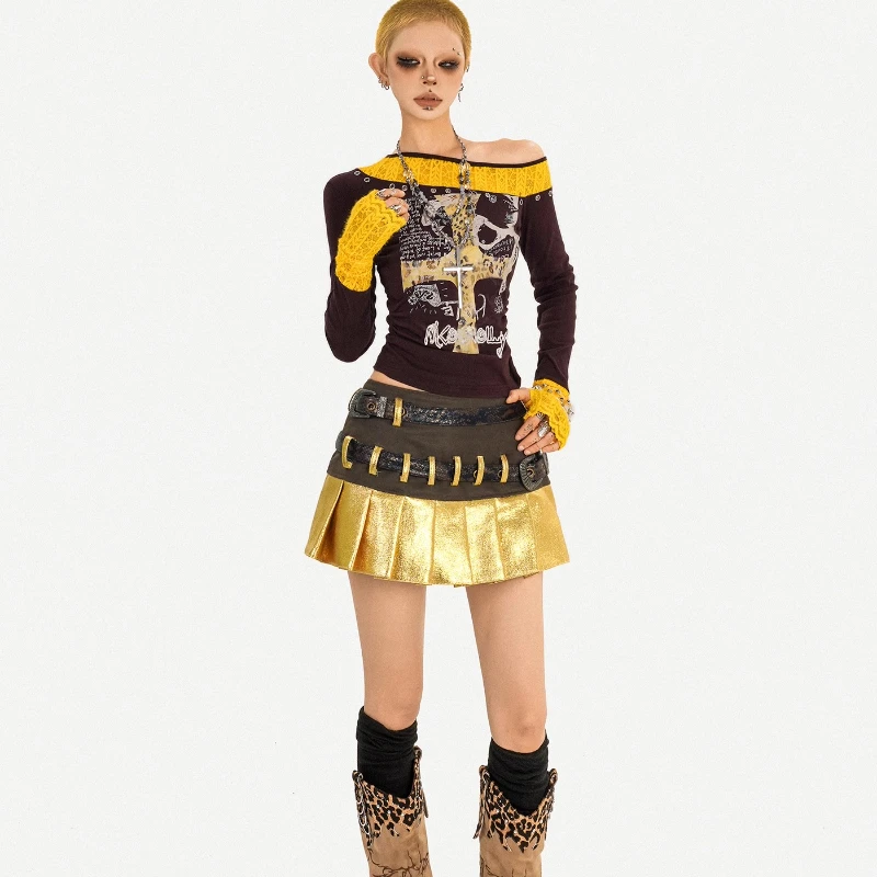 Original Design Heavy Industry Double Waist Gold Splicing Pleated Women's Short Skirt Autumn New Sweet Cool A-line Skirts Ladies