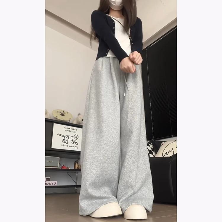 กางเกงลำลองทรงหลวมสไตล์สปอร์ตสำหรับผู้หญิง เอวยางยืดแบบผูกเชือก ดีไซน์เรียบง่าย แฟชั่นต้นฤดูใบไม้ร่วง กางเกงขายาวเอวสูง