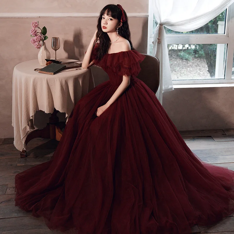 

Burgundy Prom Dress Mesh Pleated Off Shoulder Bubble Sleeve Banquet Gown Classic Tulle Lace Up Slim Long Cocktail Party Vestidos