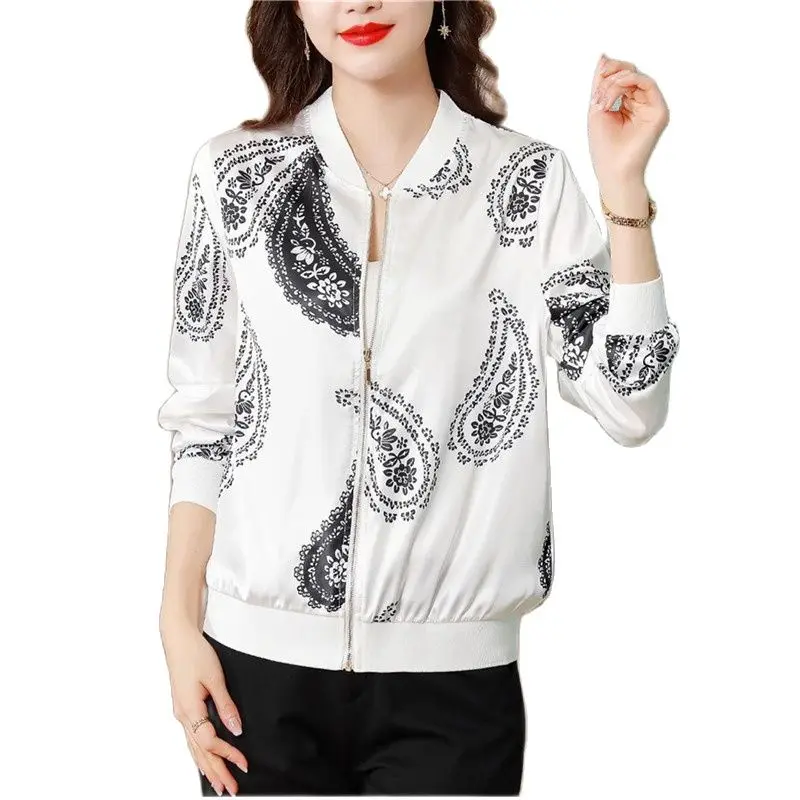 

UHYTGF Casual Jacket Women 2023 New Printed Zipper Cardigan Spring Coat Female Long-Sleeved Baseball Uniform Silk Outerwear 2236