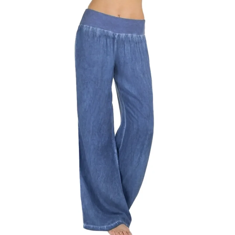 

2025 Comfortable Loose Wide Leg Imitation Denim Pants Women's Jeans Imitation Elastic Waist Full Long Trousers Pants