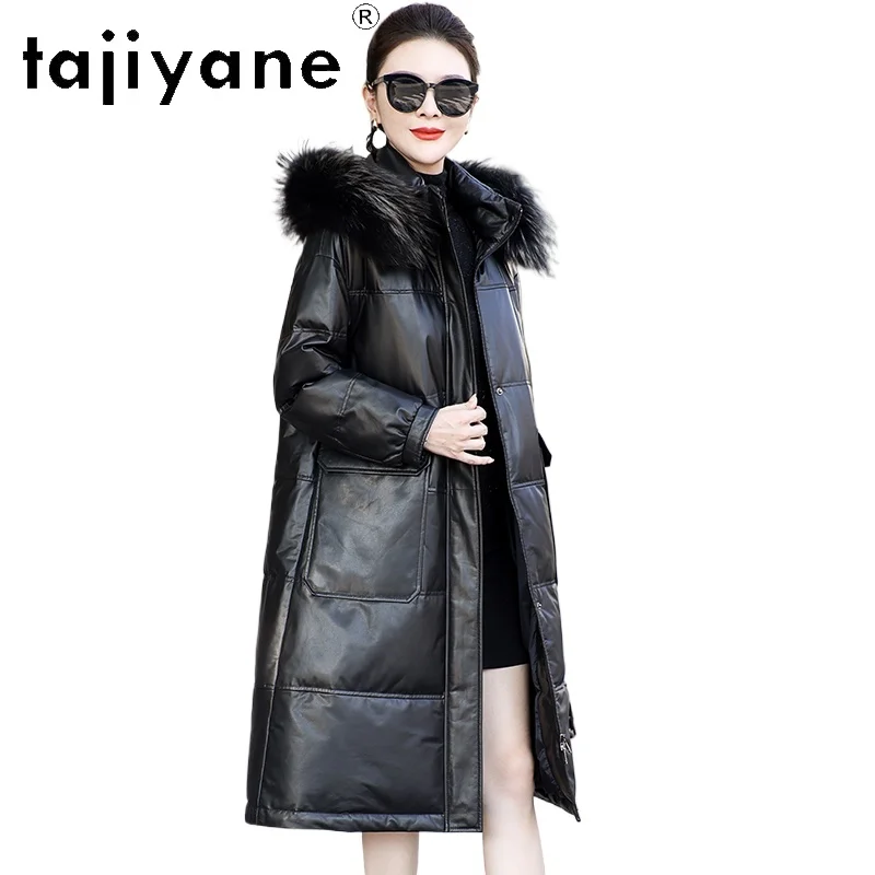 TAJIYANE 100% جلد البقر أوزة أسفل معطف مقنع أسود طويل الجلد الحقيقي سترة منفوخة النساء الراكون الفراء طوق ملابس الشتاء 2025 #1