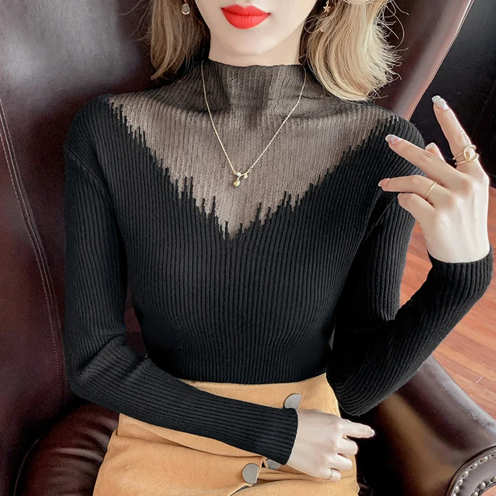 Sexy Lace Patchwork Expose T-Shirt Sweater Women Fashion Black White Turtleneck Elastic Shirt Transparent Knit T Shirt M-XL Tops
