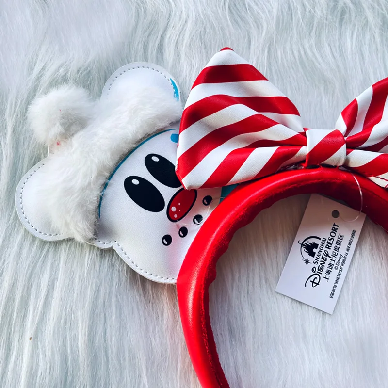 New Disney Winter Christmas Gingerbread Mickey Co-Branding Headband Candy Stripe Bow Headband PU Cartoon Mickey Ears Hair Hoop