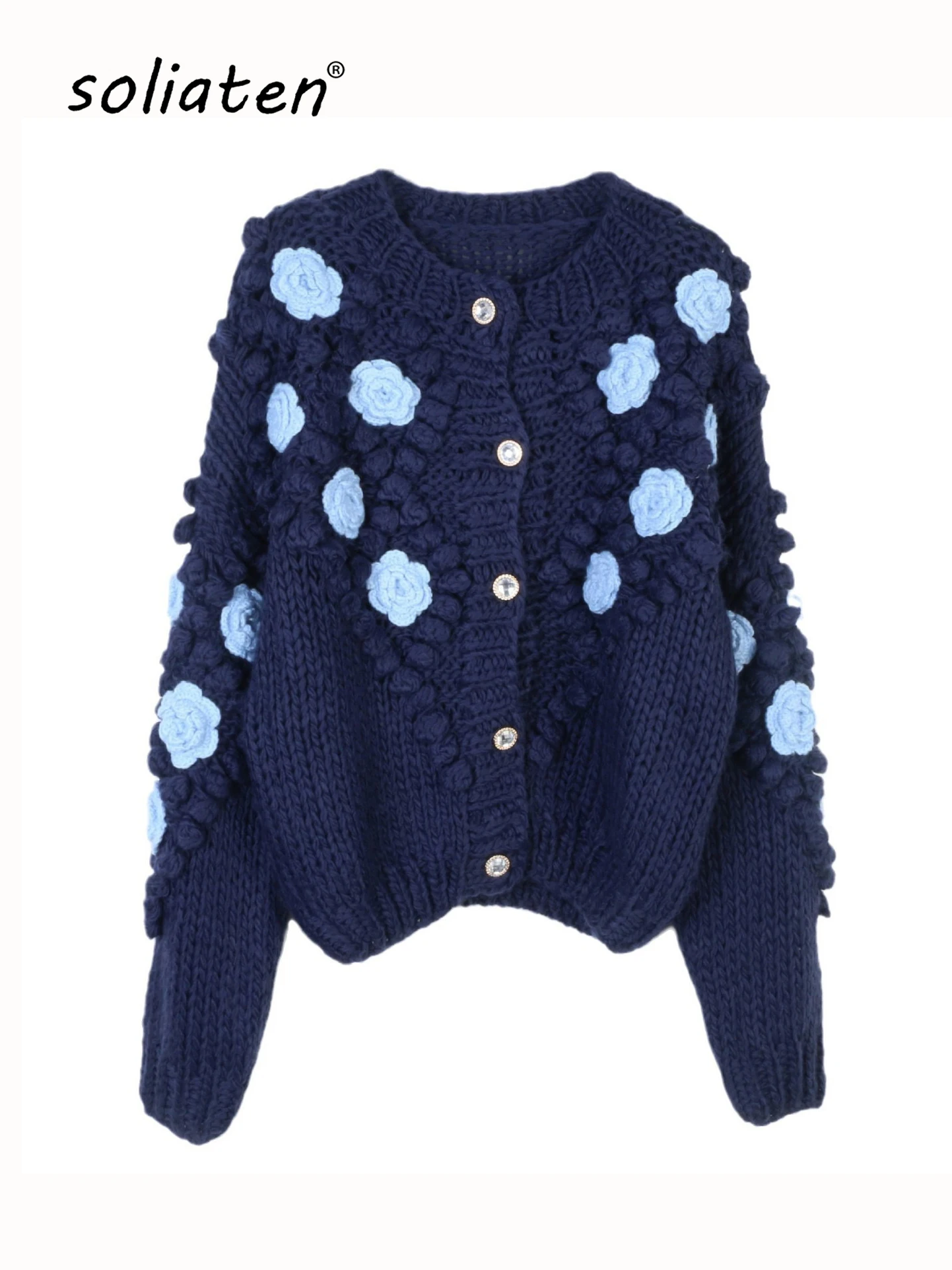 

Handmade Floral Embellished Handmade Cardigan 2025 Winter Women Chunky Sweater Knitwear C-174