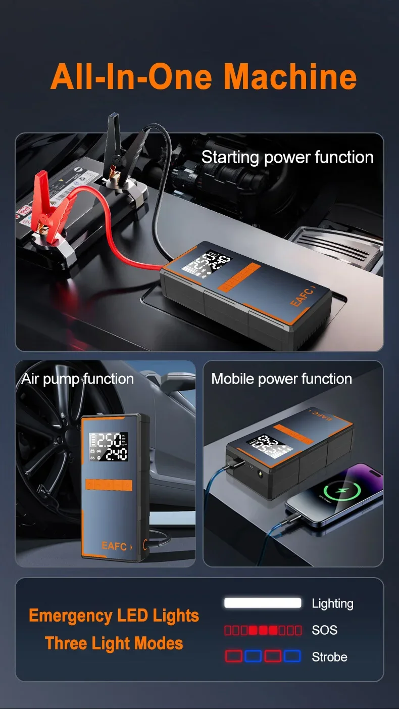 EAFC 4-in-1 Auto-Notfall-Starthilfe 1000A-2000A Spitzenstrom 150PSI Luftpumpe Reifenfüller Powerbank Booster Multifunktionswerkzeug – Detail 3