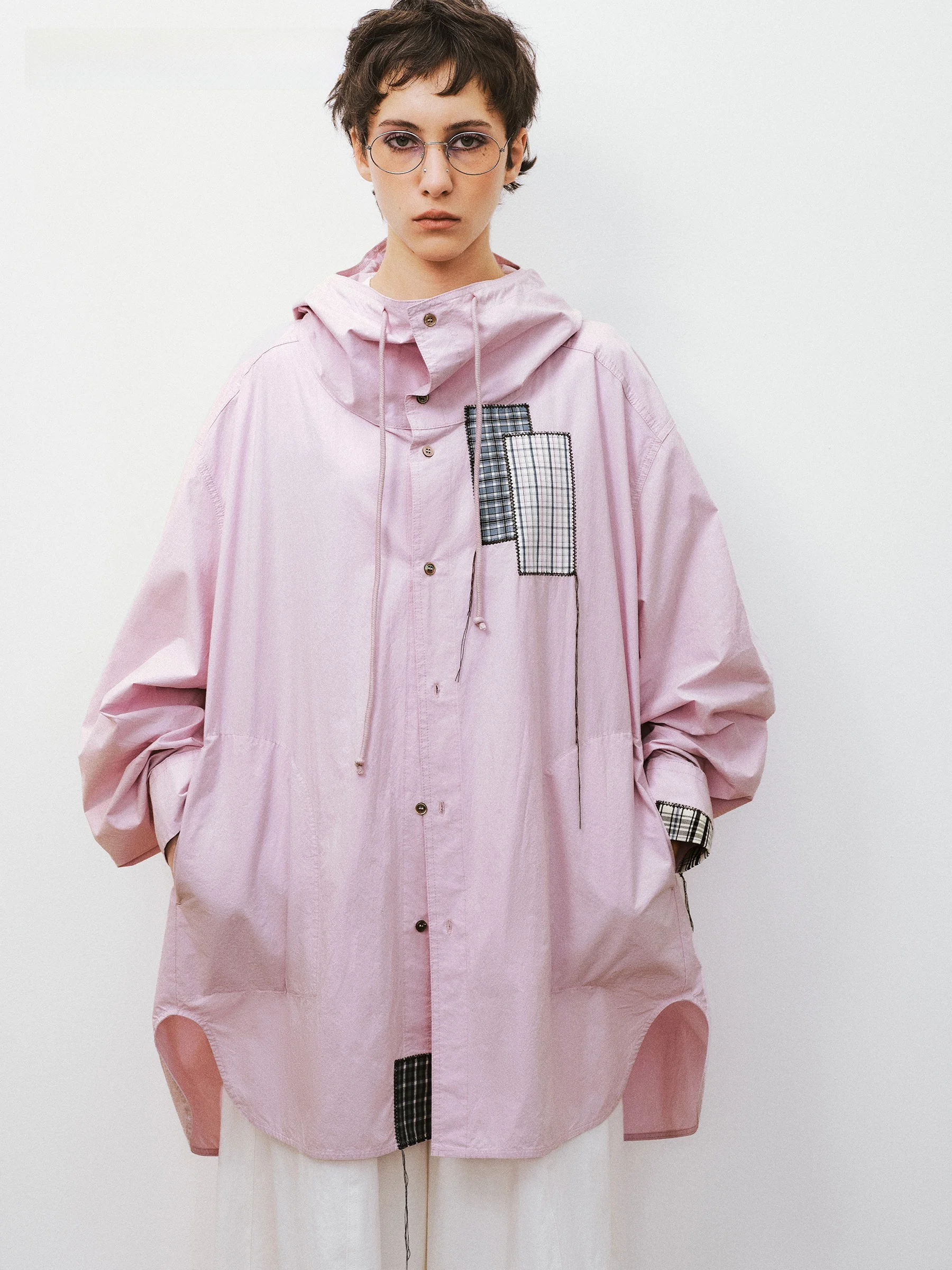 

VERMO Повседневный кардиган с капюшоном и завязками, свободного кроя, из хлопка, с пэчворком, красивый, цвета «Вечерний туман», с произвольным сочетанием тканей, открытый, розовый