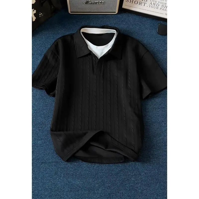 Mr. WH Short Sleeve T-Shirt Texture Collar Unisex Apricot Fake Two-Piece Hong Kong Style Summer Top Loose Fit Polyester Spandex