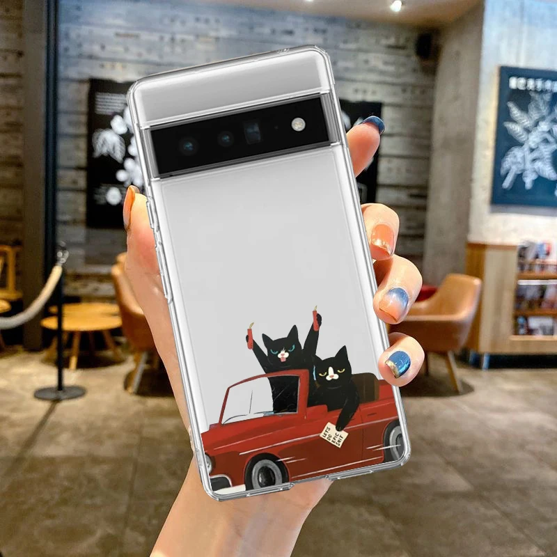Cute Cat Goblet Drink Couple Phone Case for Google Pixel 9 Pro XL 8A 7 8 Pro 6A Funny Transparent Soft Cover Fundas