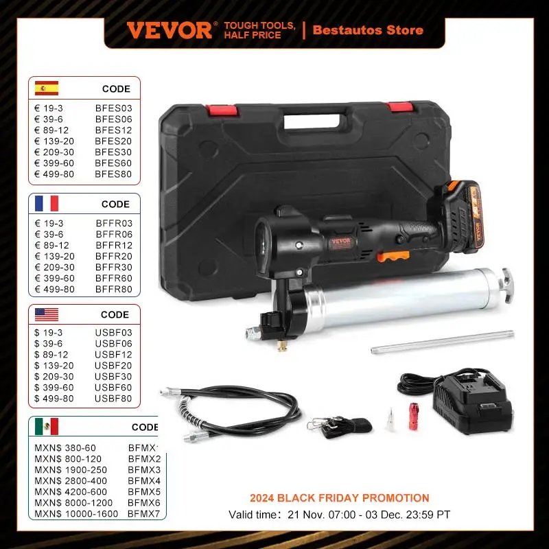 VEVOR 10000PSI 20Volt Electric Cordless Grease Gun Kit High Pressure Battery Powered with Carrying Case Charger Included for Car