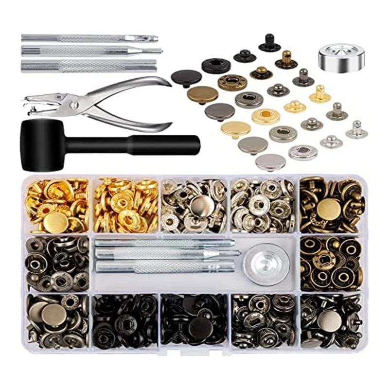 snap Leather Snap Fasteners Kit, 120 Set Metal Snap Buttons Studs with 6 Setting Tools, for Clothes, Bracelets, Jackets