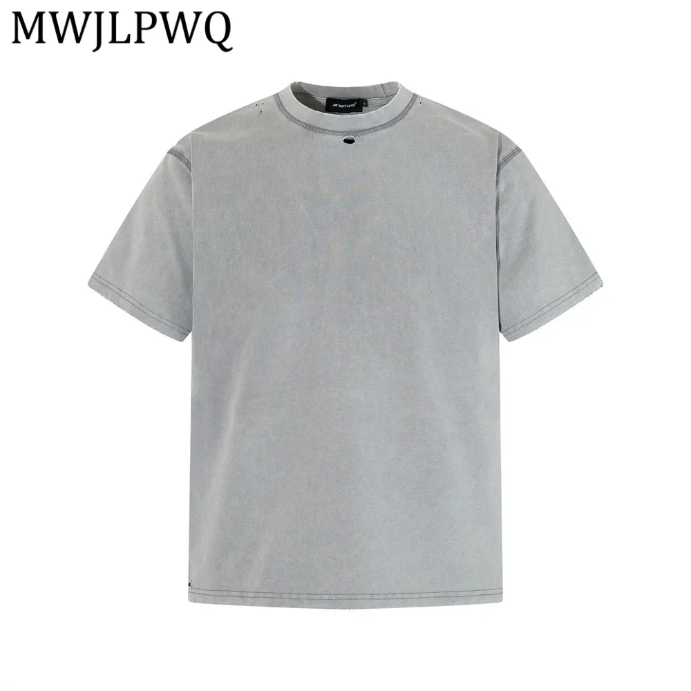 

MWJLPWQ Heavy-Duty Washed Vintage Cotton Short-Sleeve T-Shirt For Men Retro Punk Street Style Trendy Ripped Blank Tee 14075