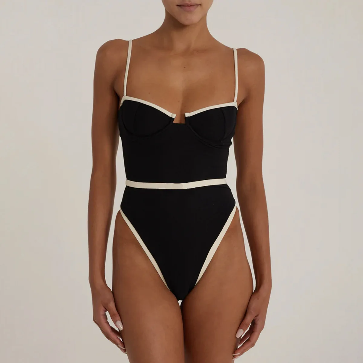 WackDaria One Piece Patchwork Women Swimsuit With Pad Locked Middle Sexy Black White Beach Wear Striped Swimming Wear