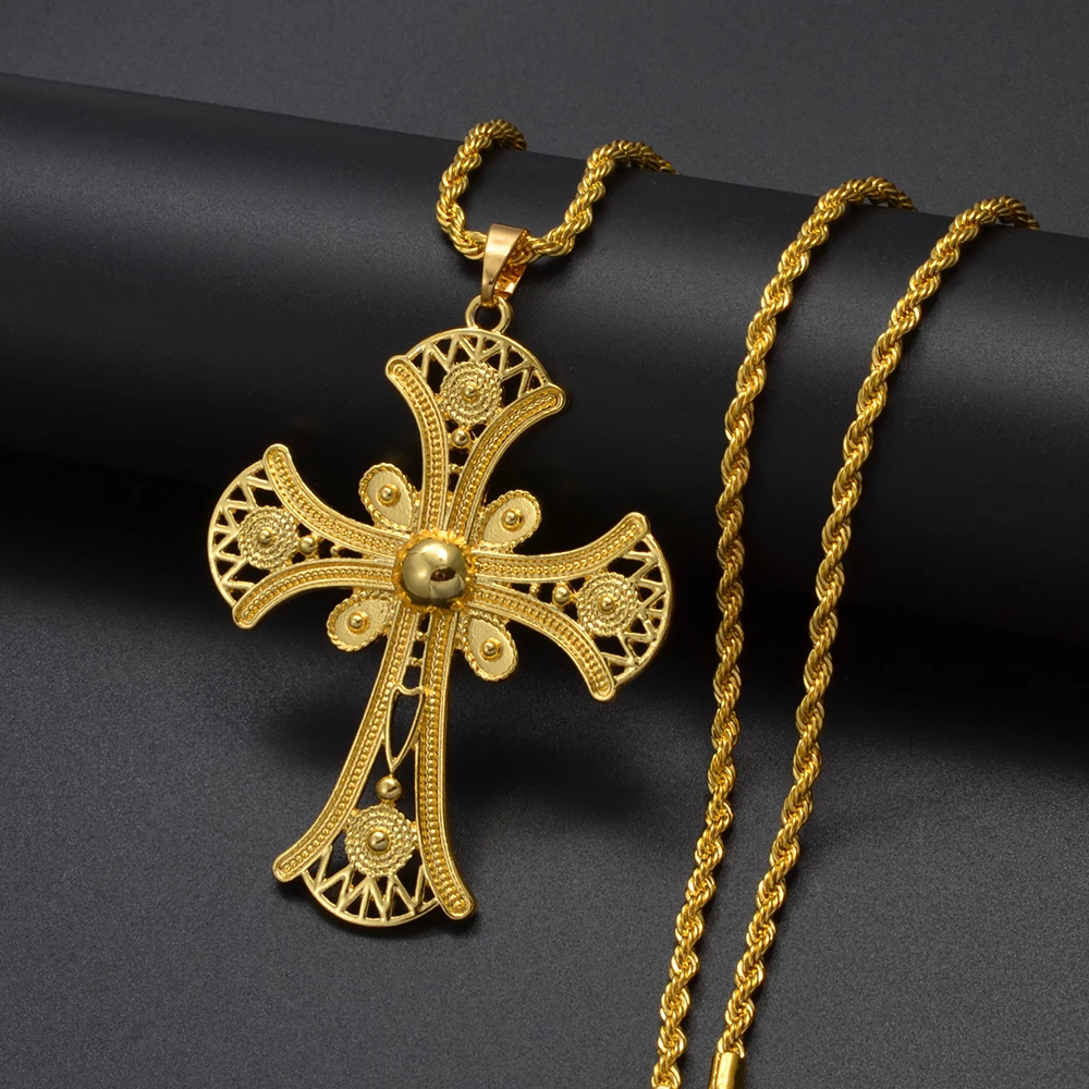 Anniyo Ethiopian Cross Pendant Necklaces for Women Girls Gold Color Habesha Eritrean African Ethnic Traditional Jewelry #346106