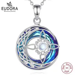 Eudora 925 Sterling Silver Witch Knot Necklace Austrian Crystal Moonstone Knot Amulet Necklaces Witchcraft Jewelry for Men Women