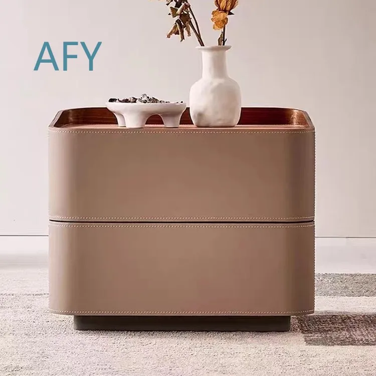 Italian Minimalist Saddle Leather Bedside Table for Modern Bedroom Storage Cabinet High End Solid Wood Nightstand for