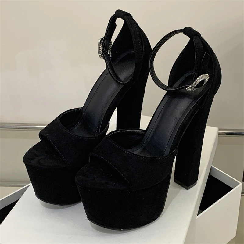 

Eilyken Summer Solid Platform Open Toe Buckle Strap Women Sandals Fashion Super Square High Heels Nightclub Shoes