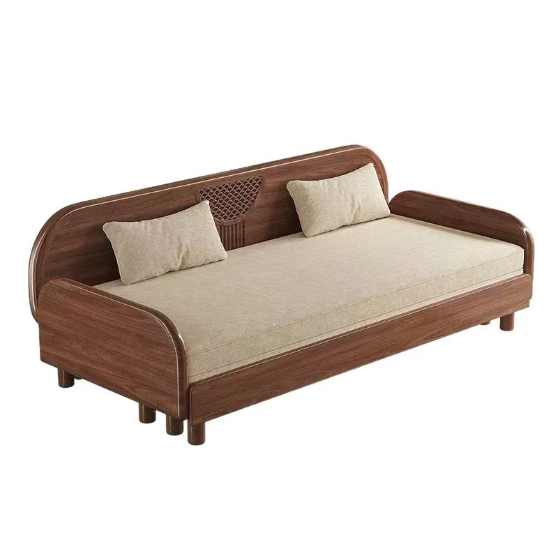 Nordic solid wood folding sofa bed, living room black walnut sitting and sleeping sofa, small apartment fabric sofa