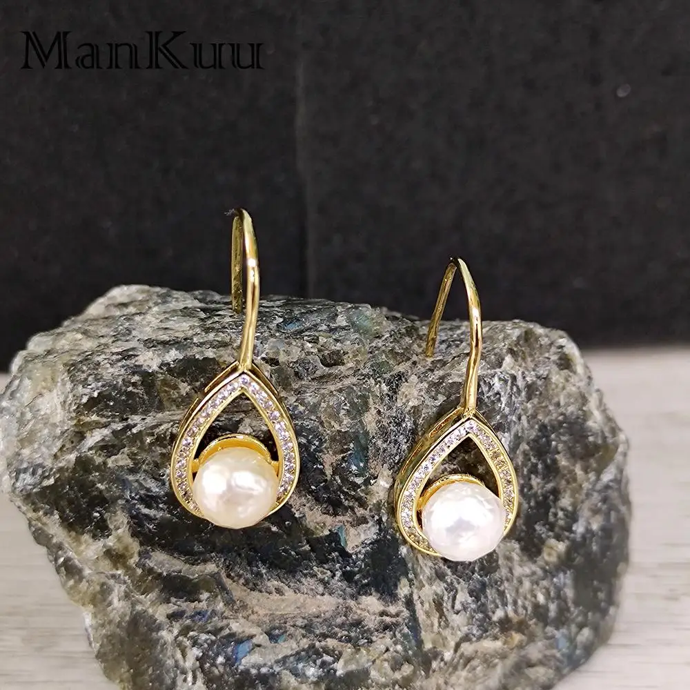 Mankuu Fashion Jewelry Handmade Faceted Pearl Gold Plated Micro Inlaid Zircon Copper Table Baroque Teardrop Dangle Earrings