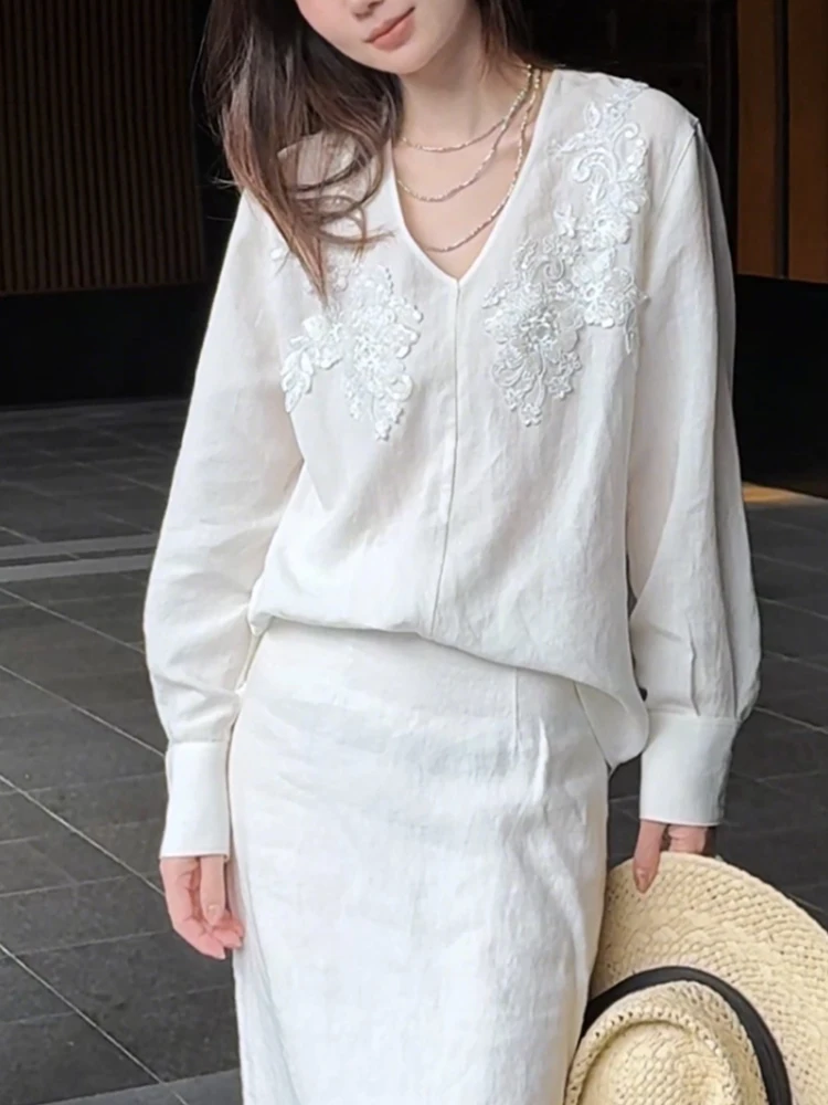 

Женский льняной топ Ele с вышивкой, весна 2022, свободный длинный хлопковый льняной топ Sve V-Ne, легкий винтажный топ высокого класса