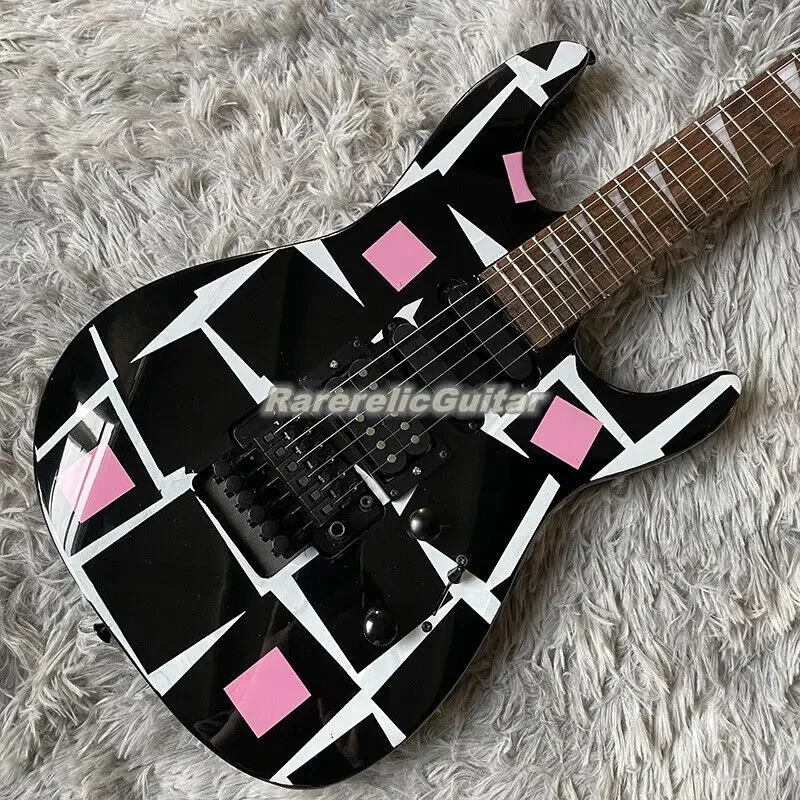 Custom Adrian Vandenberg Signature Pink White Squares Graphics Electric Guitar Floyd Rose Tremolo Bridge Black Hardware