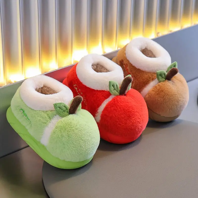 

New infant red apple fuzzy slippers for kids winter warm home floor shoes girl boy baby fluffy booties fruit slip on indoor shoe