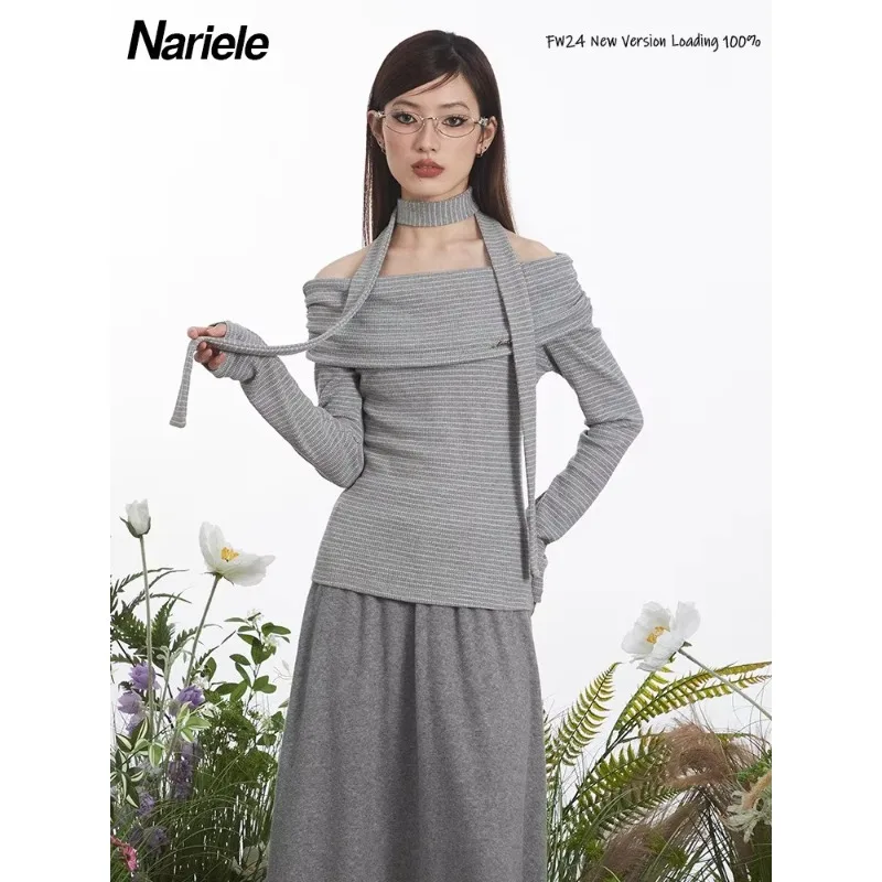 Nariele Knitted Tops 2024 Autumn Winter Long Sleeve Slash Neck Warm Solid Color Basic Striped T-shirt Pullovers Jumpers Sweater