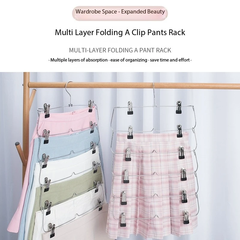 

Foldable Multi-Layer Pants Hanger - Space Saving Closet Organizer for Trousers, Skirts & Scarves (5-Tier Non-Slip, No Crease)