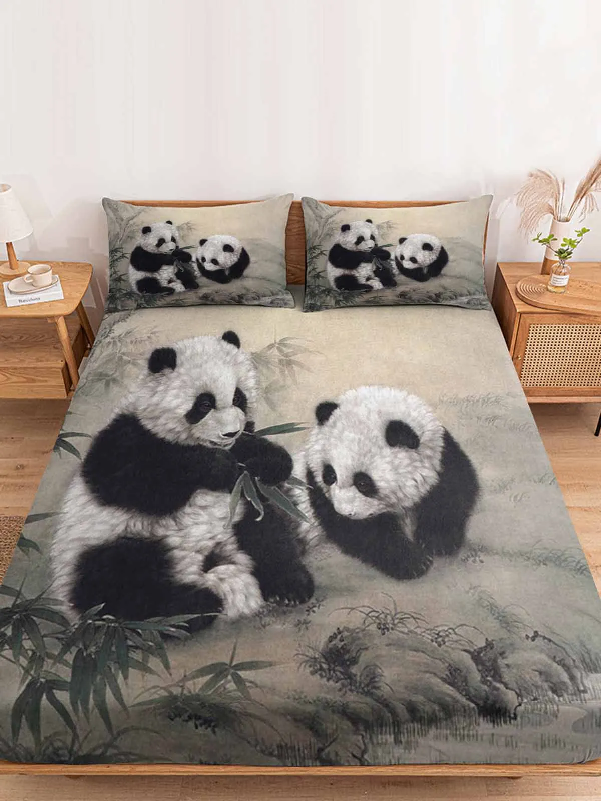 Panda Bamboo Chinese Style Fitted Bed Sheet Cover Elastic Band Anti-slip Mattress Protector for Single Double King