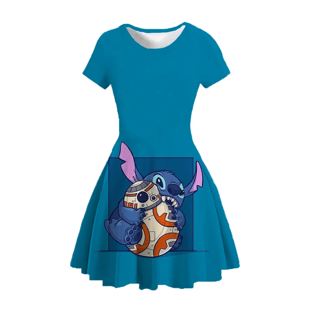 2024 Summer New Casual Fashion Cute Princess Dress 3D Print Disney Stitch Crew Neck Short Sleeve Princess Dress