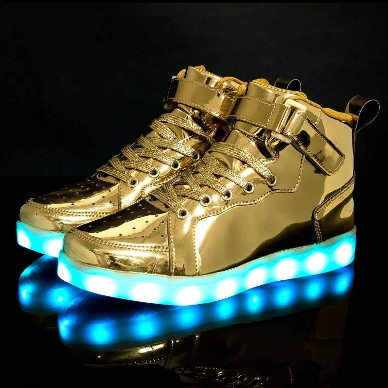 Zapatos de tablero alto para hombres y mujeres, zapatos luminosos para niños, zapatos con luz LED, zapatos de Panel de cuero con espejo, grandes 25-47