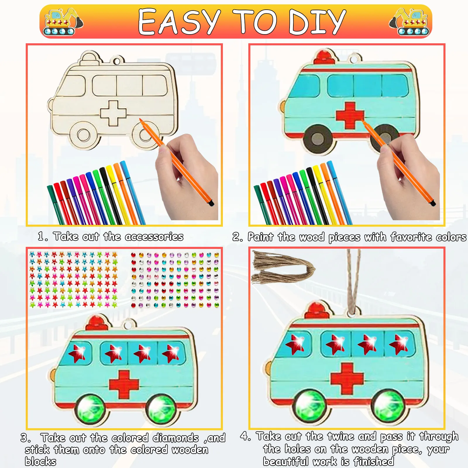 Set artigianale da colorare fai-da-te per trasporto in legno da 246 pezzi, set artigianale in legno per trasporto, regalo artigianale per feste di compleanno