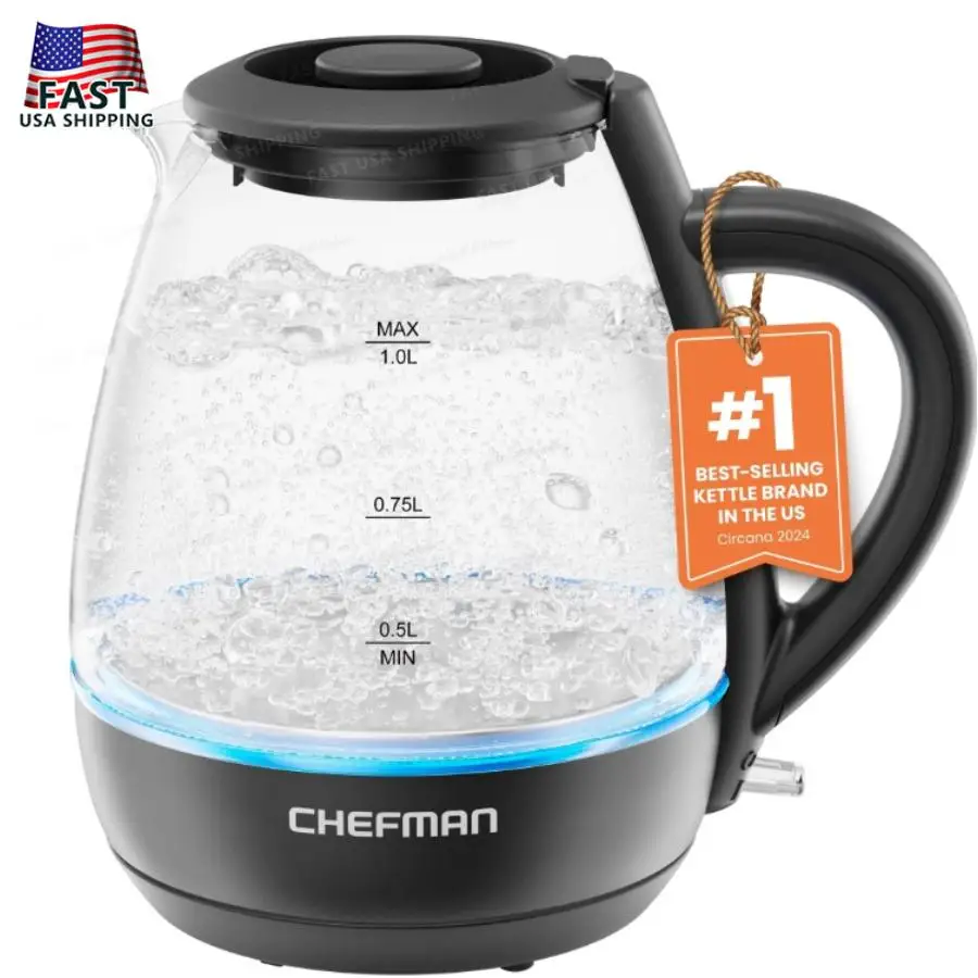 

Электрический стеклянный чайник Chefman 1 л со светодиодным индикатором и автоматическим отключением - черный, новый