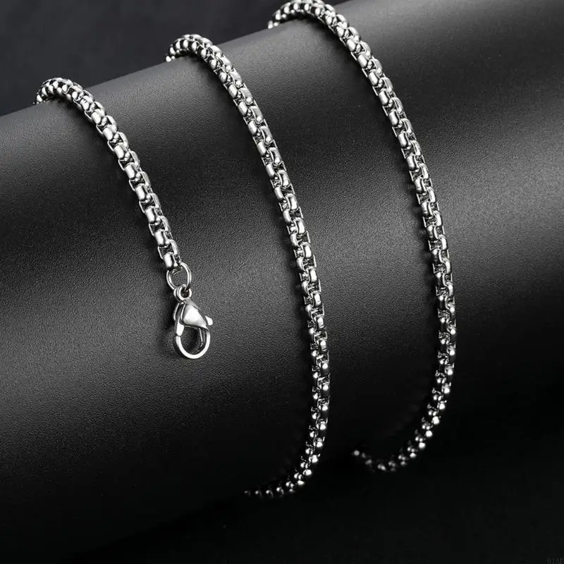 91AF Trendy Men’s Steel Necklace With Square Pearls Hip Hop Jewelry Design