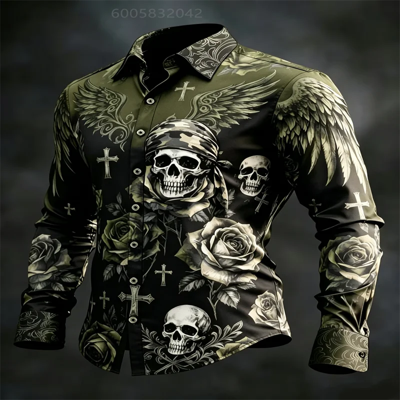 Men Long Sleeve Turn-down Collar Button-Up Shirt Skull Rose Wing Cross Print Gothic Party Casual Outfit For Male