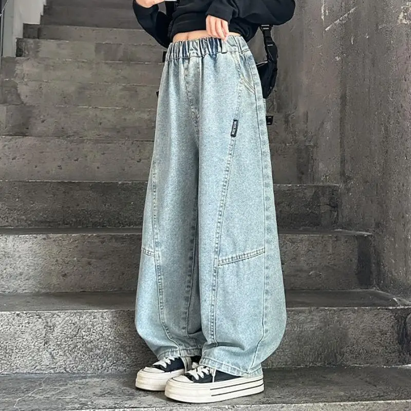 Spring Teen Girls Patchwork Design Jeans Cool Streetwear Kids Blue Denim Pants Ashionable Casual Wide-leg Trousers Clothes
