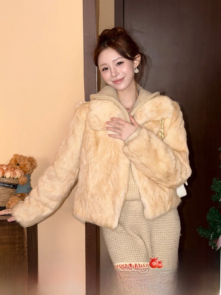 

White Gold Color Fur Coat Women's Collar Overcoat Thiened Winter New Sle ort Length Rabbit Fur Stand Version