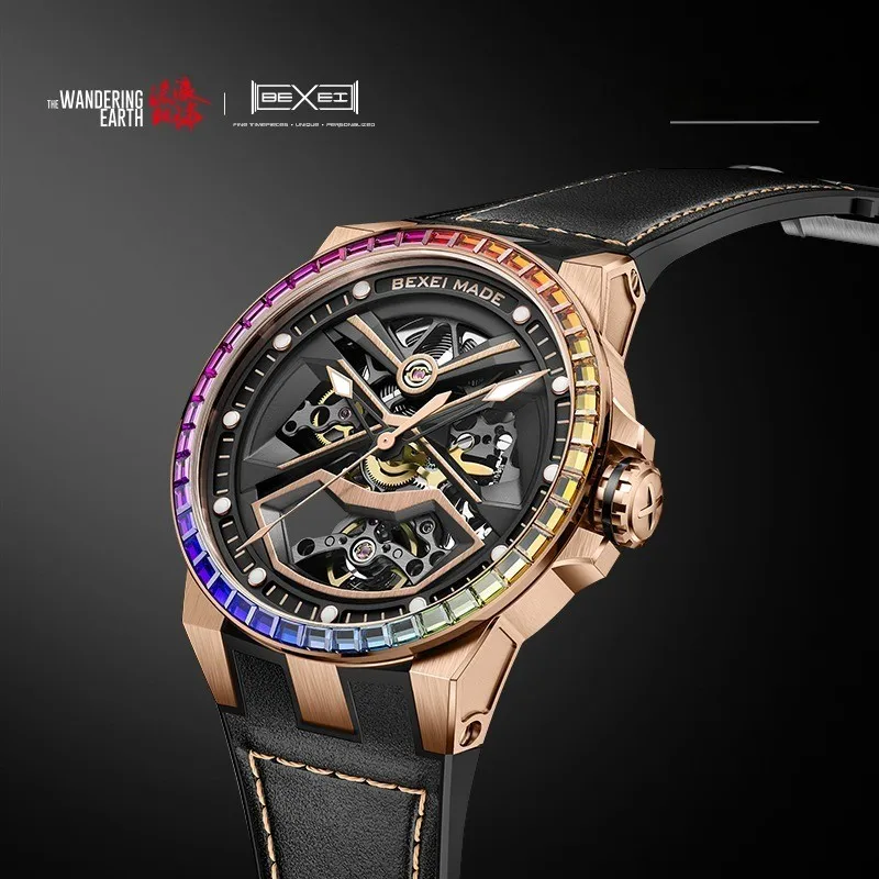 BEXEI 9115 watch for man  mechanical  waterproof  5ATM  Automatic movement Reserve 80H Rainbow Crystal Bezel  Rose Gold  case