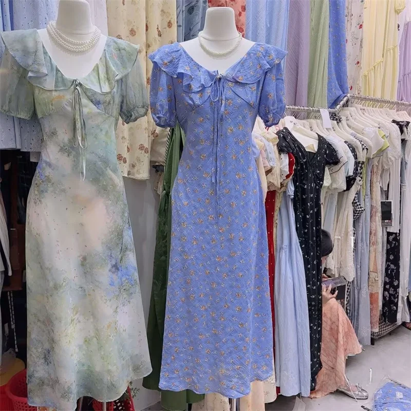 2025年夏 韓国風 花柄プリント スリムロングドレス ベルトとレーストリム付き ユニークデザイン センセーショナルなホリデーウェア