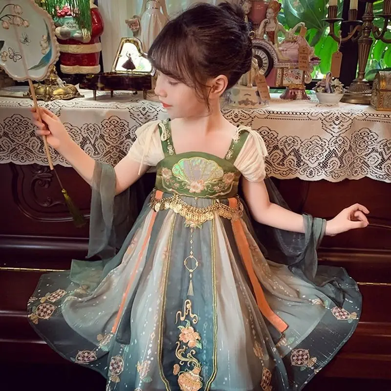 

New Embroidered Hanfu Girls Summer New Ancient Style Dress Little Girls Tang Dress Children's Princess Dress Performance Dress