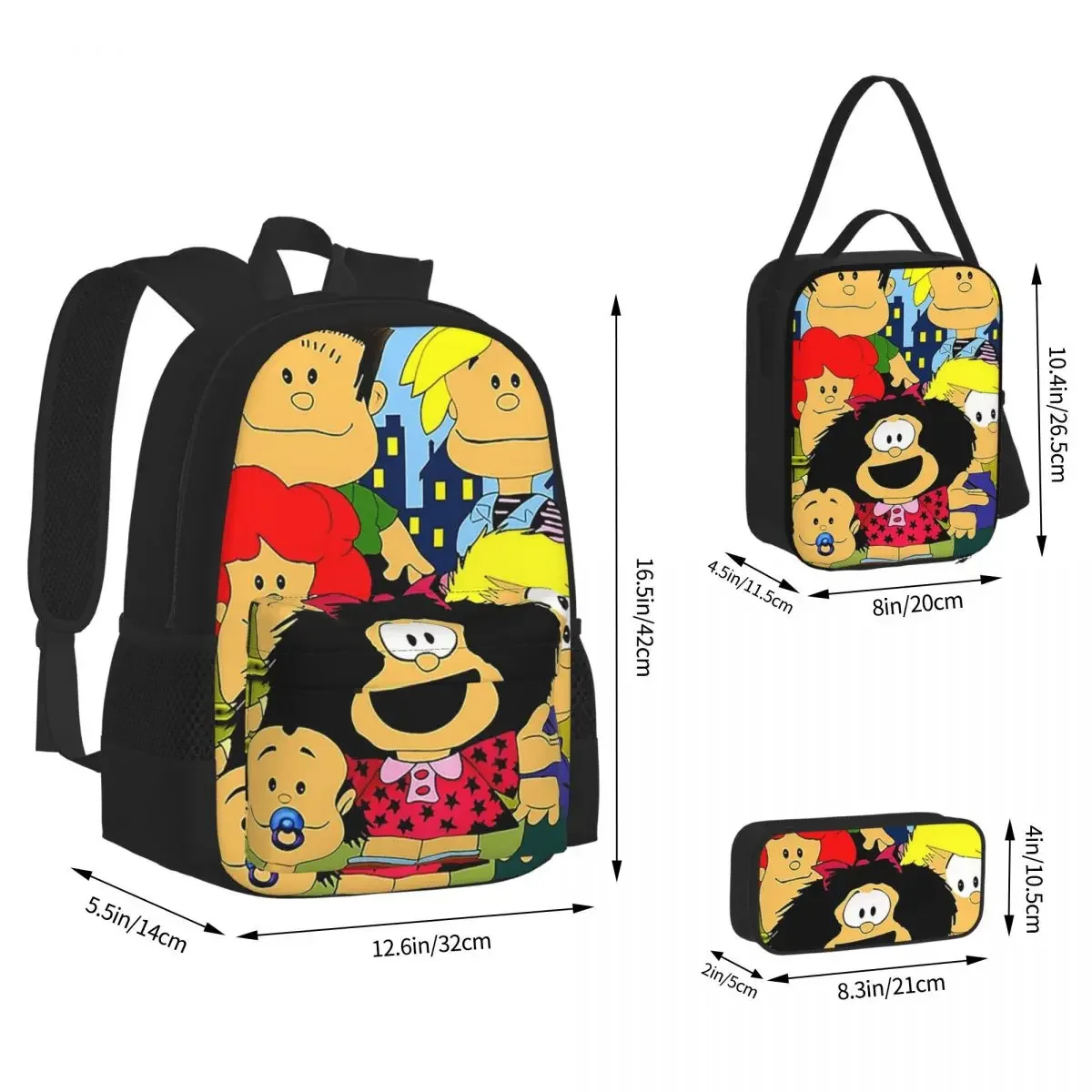 Mafalda Anime Plaid Backpacks Boys Girls Bookbag Students School Bags Cartoon Kids Rucksack Lunch Bag Pen Bag Three-Piece Set