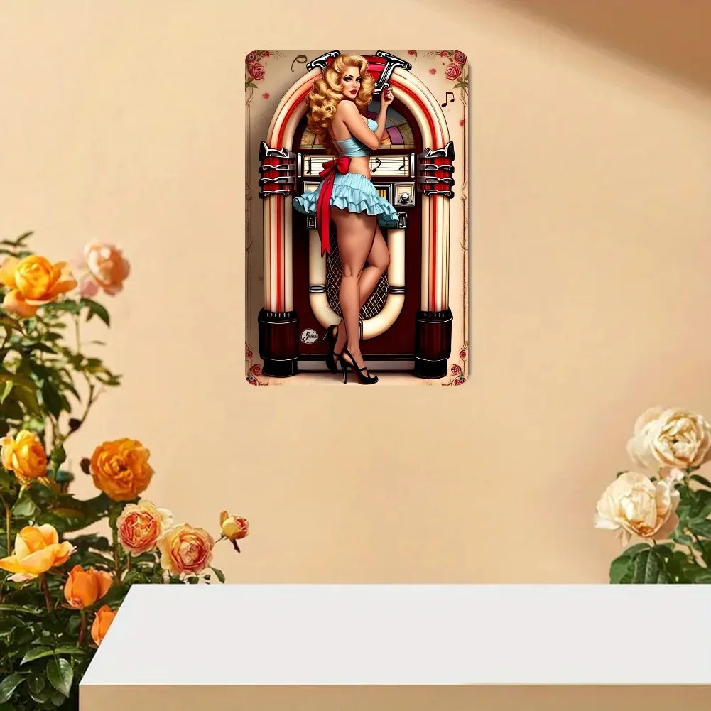 Retro Rockabilly Pin-Up Girl Jukebox Wall Art, 7.8x11.8in Vintage 1950s Rock and Roll Decor, Multipurpose Sign for Home Bar