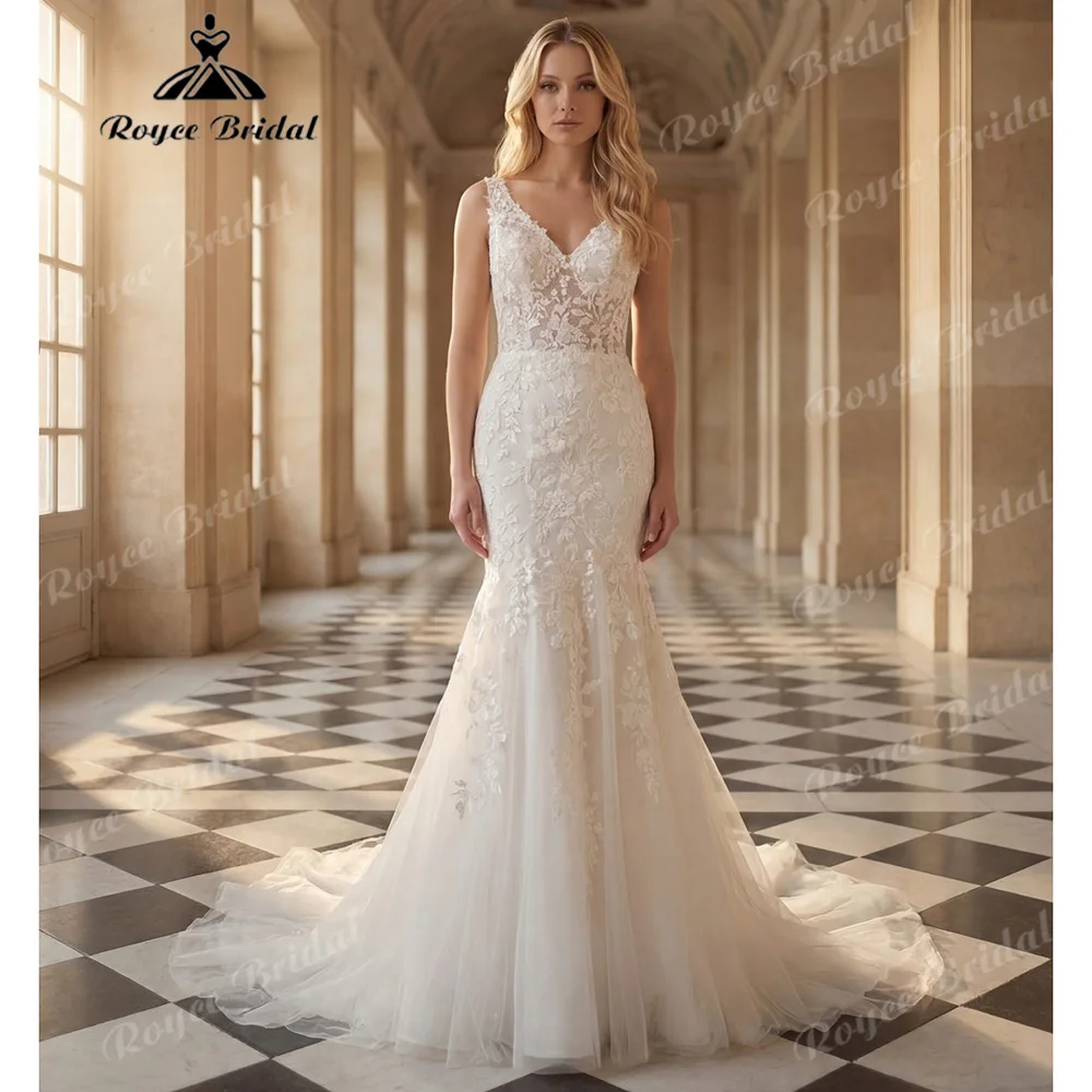 2027 Roycebridal Deep V Neck Mermaid Wedding Dress Sleeveless Floral Lace Applique V‑Back Tulle Abiti Da Sposa Customized